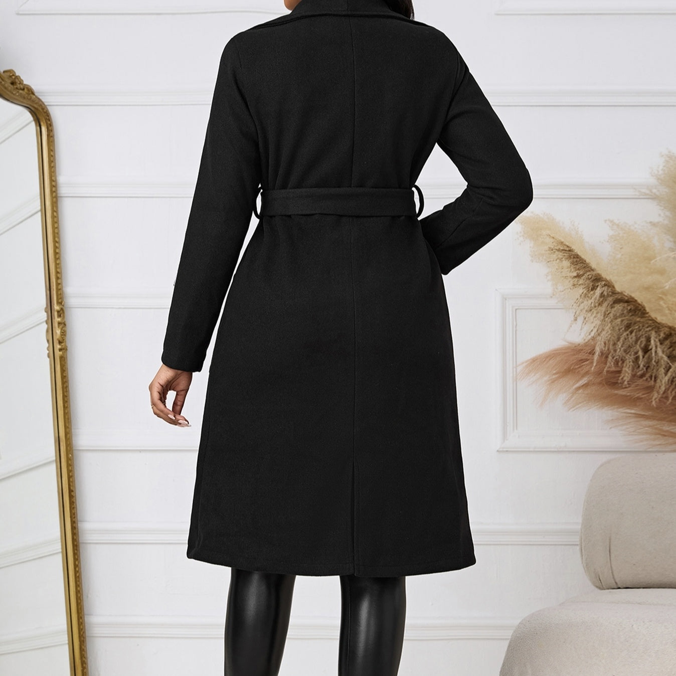 Women's Collar Solid Color Pocket Belt Design Basic Simple And Warm Autumn And Winter Coat Jacket