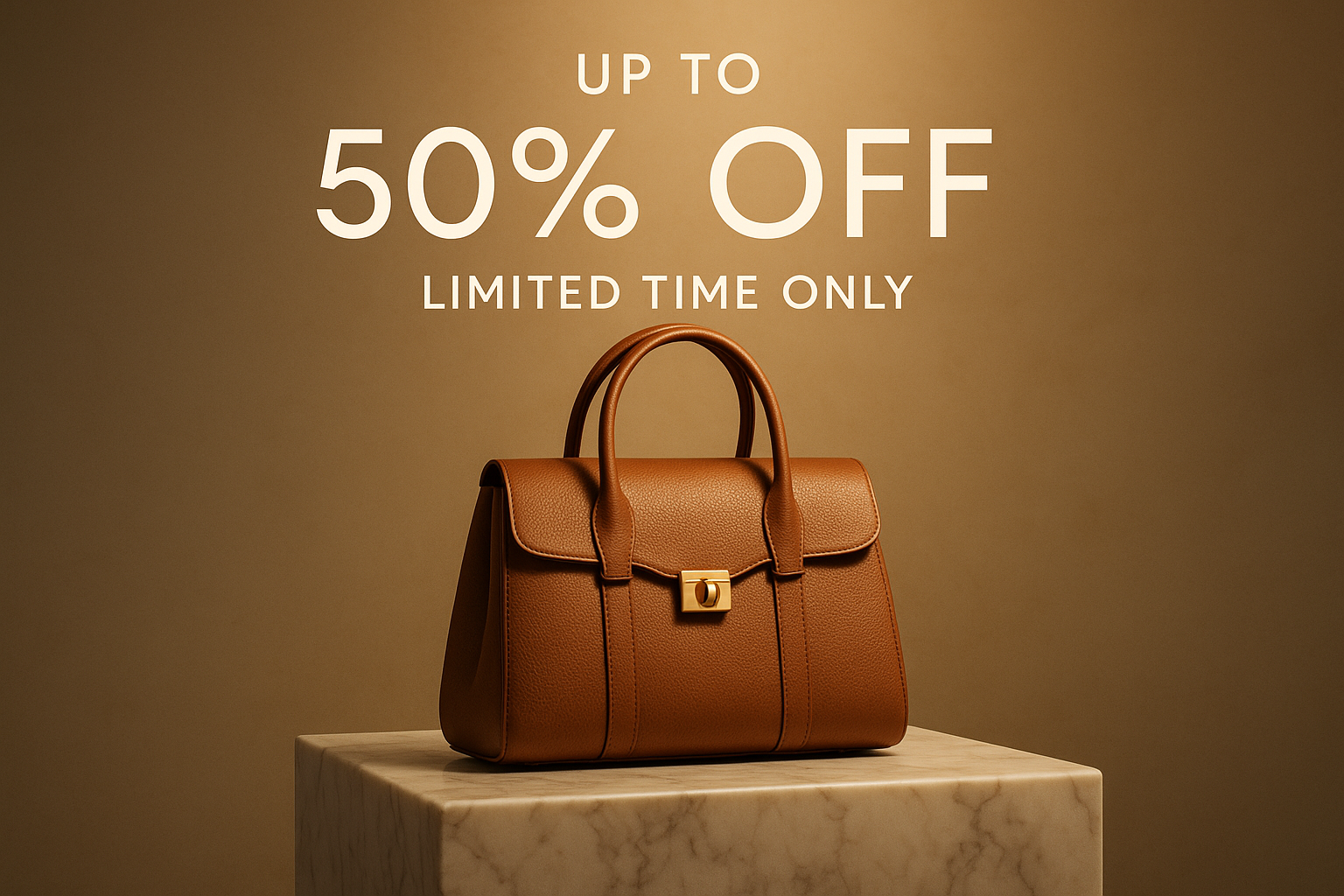 A luxury leather handbag placed on a marble pedestal, soft golden spotlight, elegant background in beige and gold tones, bold text overlay “UP TO 50% OFF – LIMITED TIME ONLY”, modern minimalist font, premium fashion ad style, high resolution, 3D render look.
