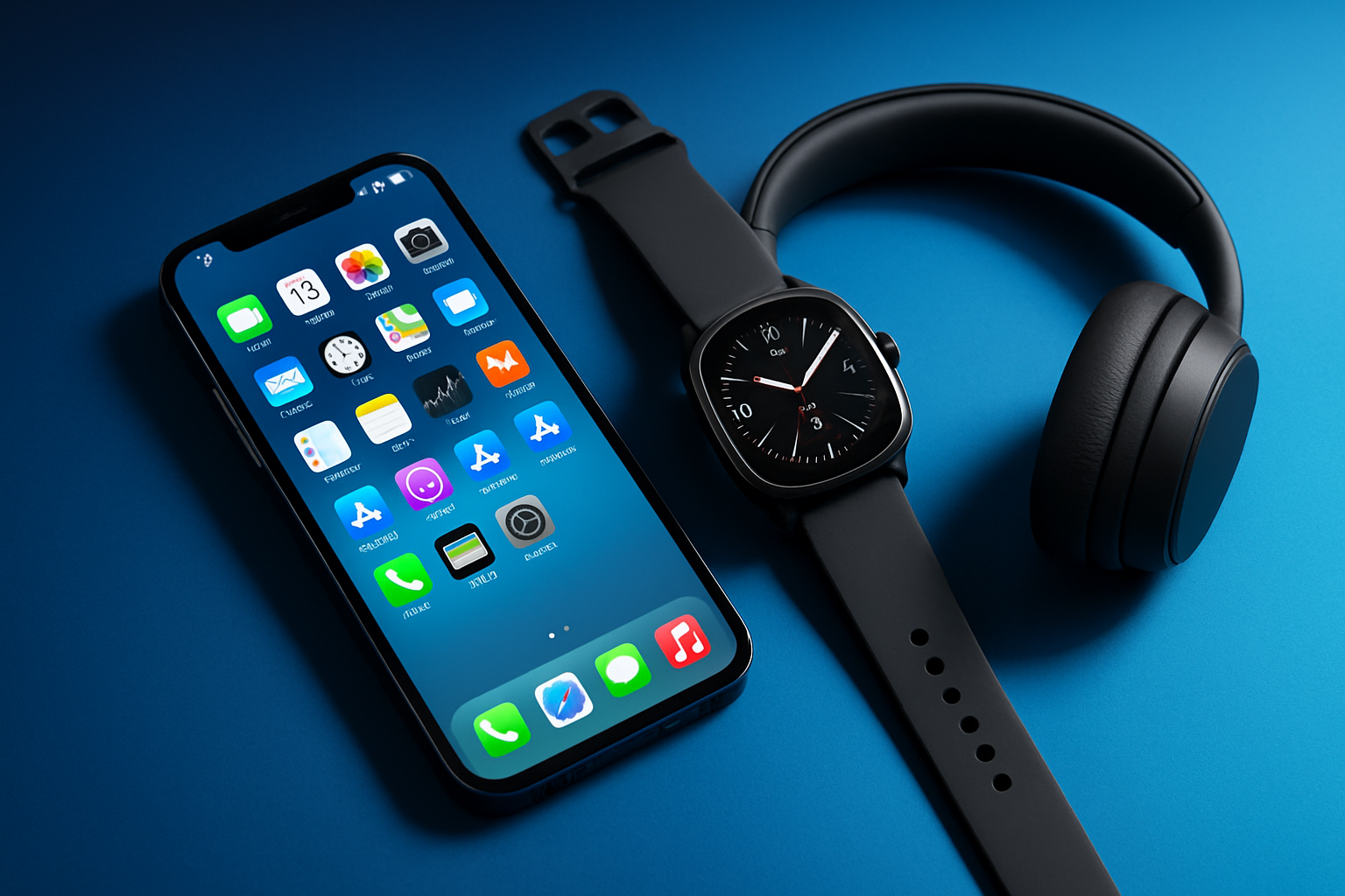 iphone Picture and watch headphone picture genernate for blue background 