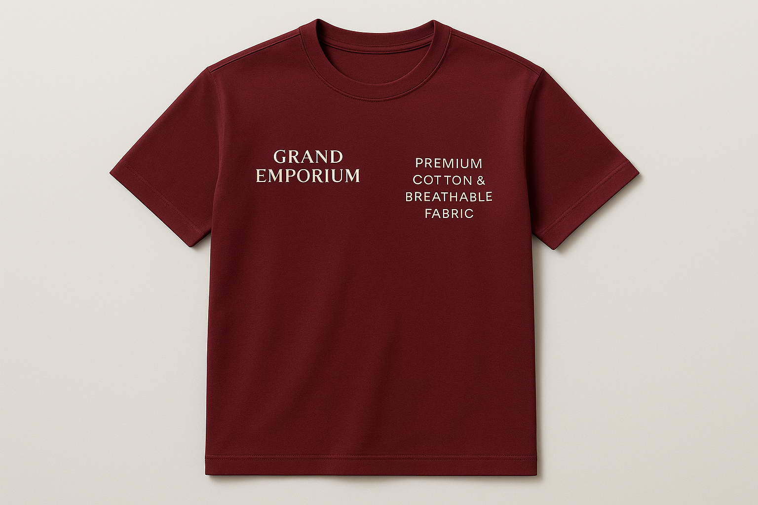 the shirt should have the logo 'Grand Emporium ' on it, and on the right side it should say "Premium Cotton & Breathable Fabric. Same color